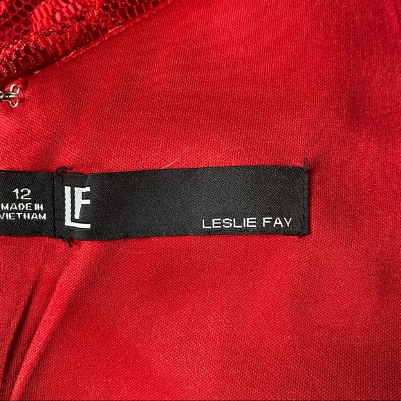 Leslie Fay Stretch Lace Illusion Tie Waist A-Line Gown Red Dress Size 12 - Picture 7 of 13